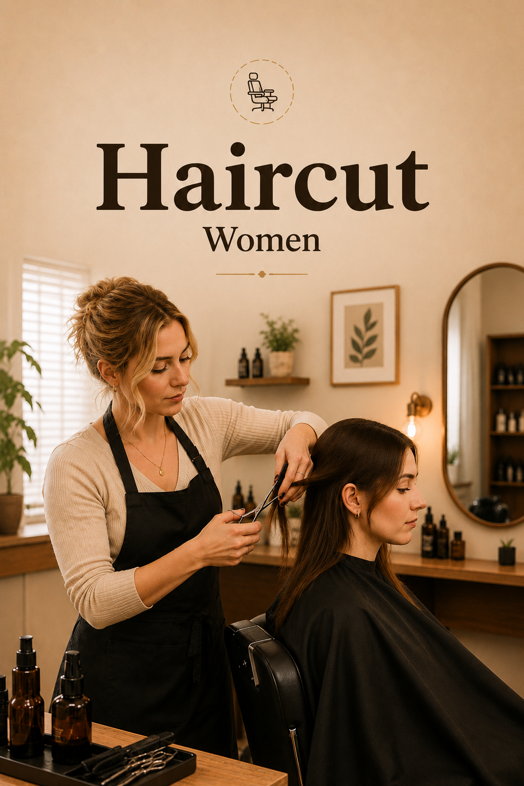 Professional hairstylist providing a women's haircut at home